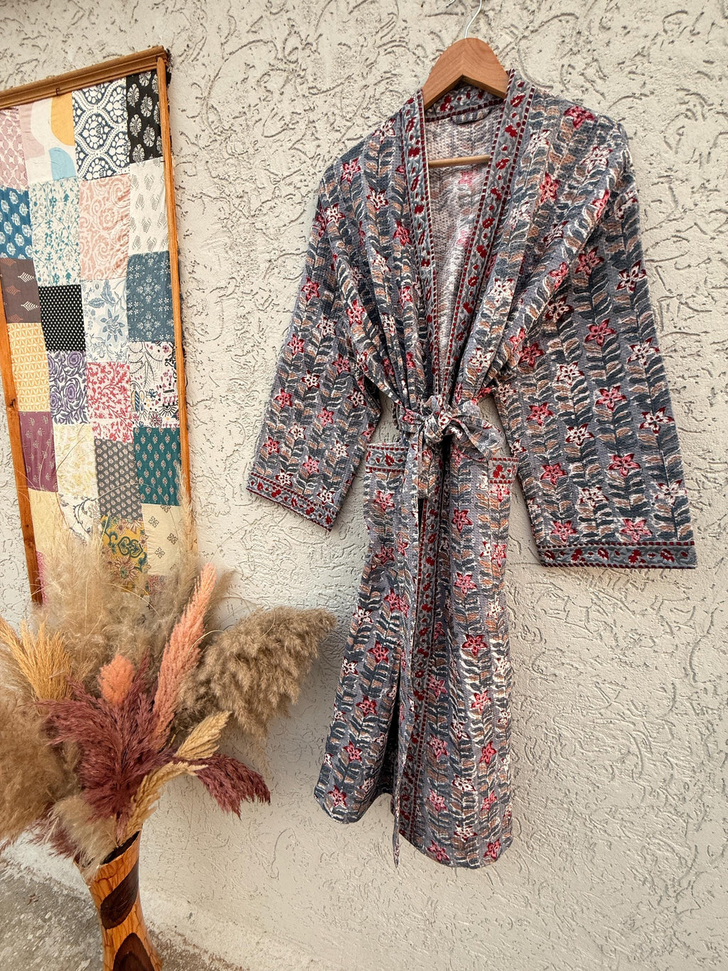 Handmade Block Print Waffle Cotton Bathrobe – Grey & Red Floral Jaipuri Robe – Lightweight Kimono Style Spa Robe – Women’s Lounge Wear Gift