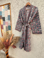 Handmade Block Print Waffle Cotton Bathrobe – Grey & Red Floral Jaipuri Robe – Lightweight Kimono Style Spa Robe – Women’s Lounge Wear Gift