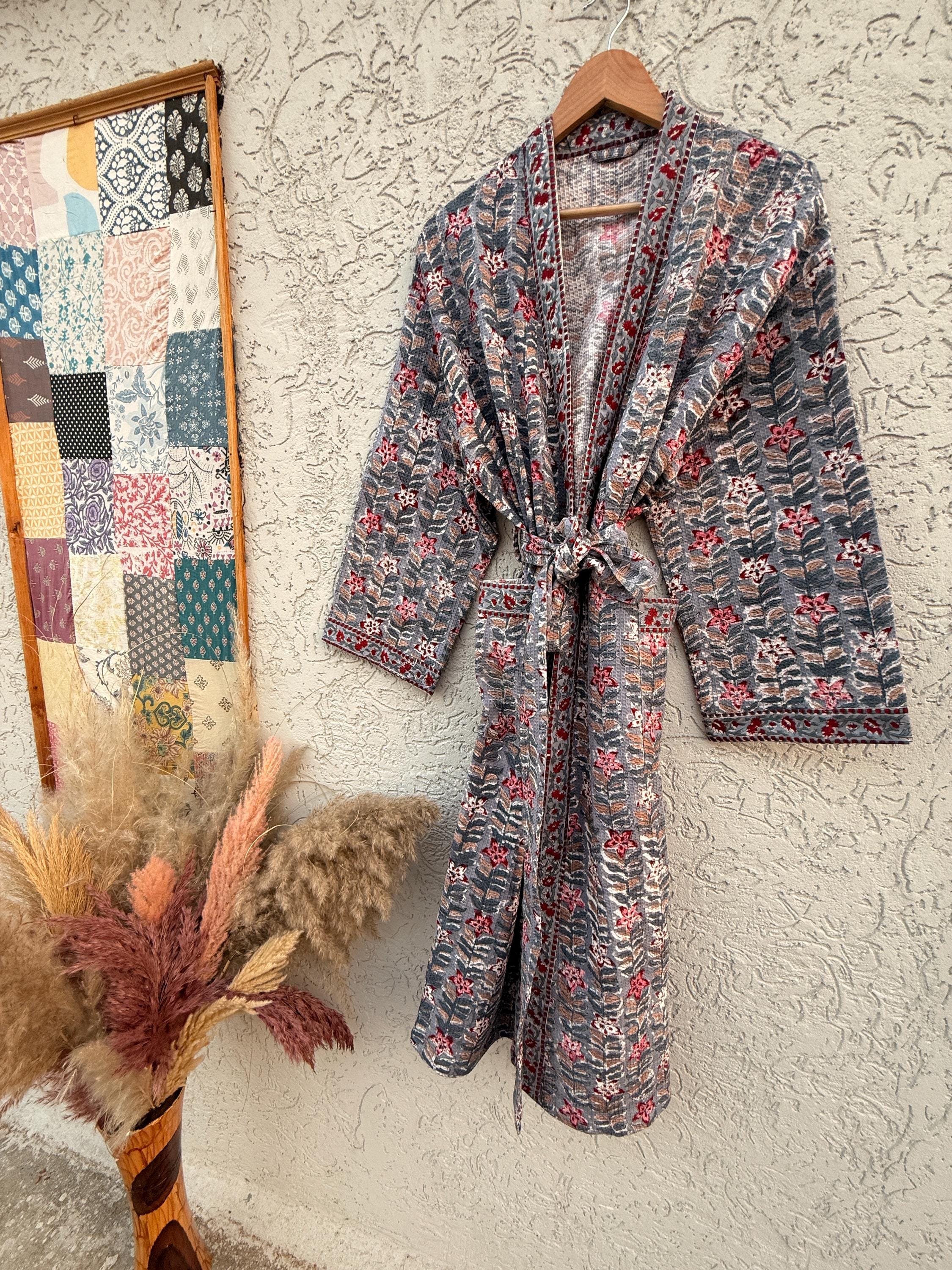 Handmade Block Print Waffle Cotton Bathrobe – Grey & Red Floral Jaipuri Robe – Lightweight Kimono Style Spa Robe – Women’s Lounge Wear Gift