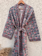 Handmade Block Print Waffle Cotton Bathrobe – Grey & Red Floral Jaipuri Robe – Lightweight Kimono Style Spa Robe – Women’s Lounge Wear Gift
