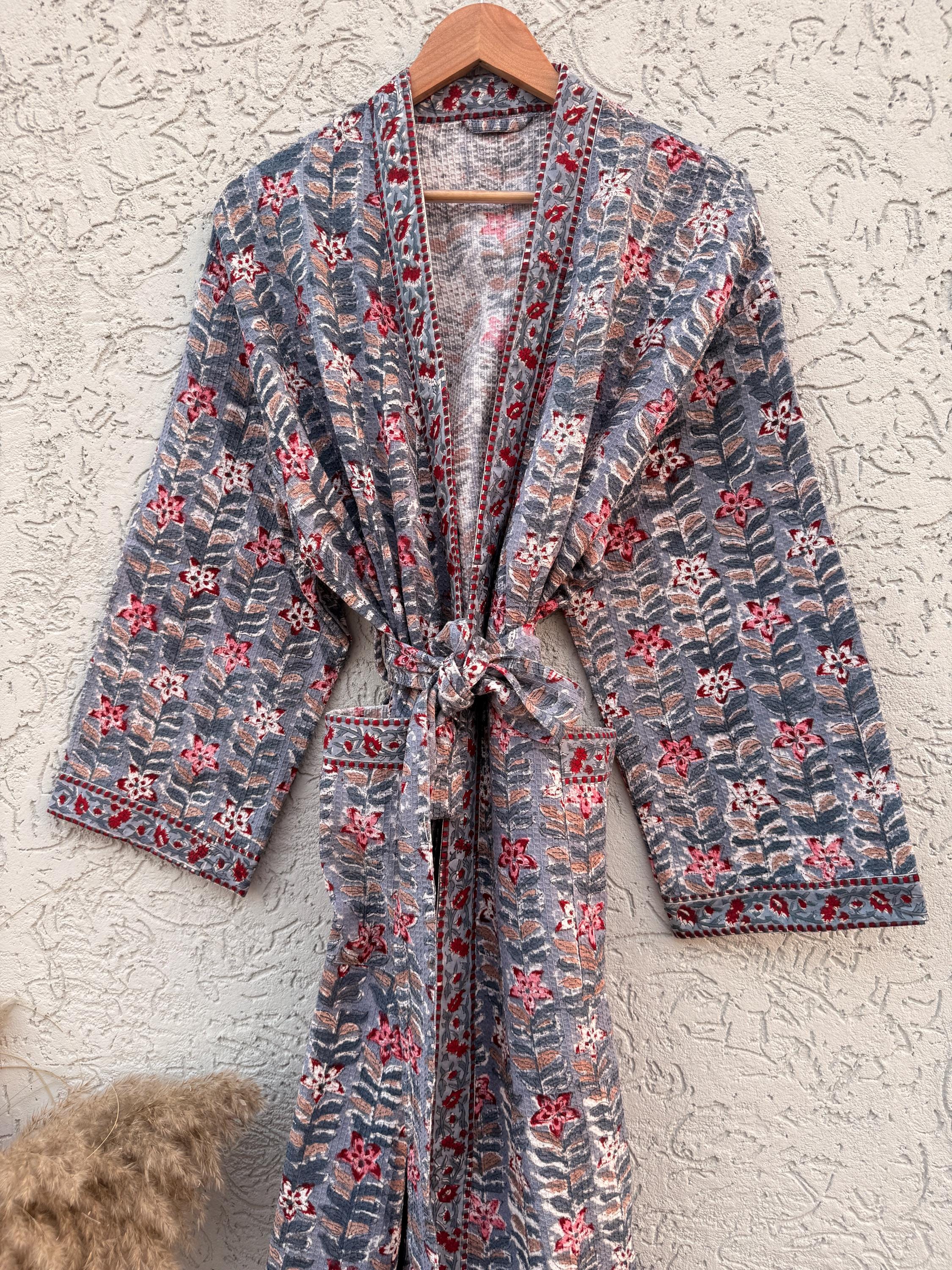 Handmade Block Print Waffle Cotton Bathrobe – Grey & Red Floral Jaipuri Robe – Lightweight Kimono Style Spa Robe – Women’s Lounge Wear Gift