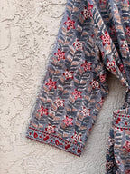 Handmade Block Print Waffle Cotton Bathrobe – Grey & Red Floral Jaipuri Robe – Lightweight Kimono Style Spa Robe – Women’s Lounge Wear Gift
