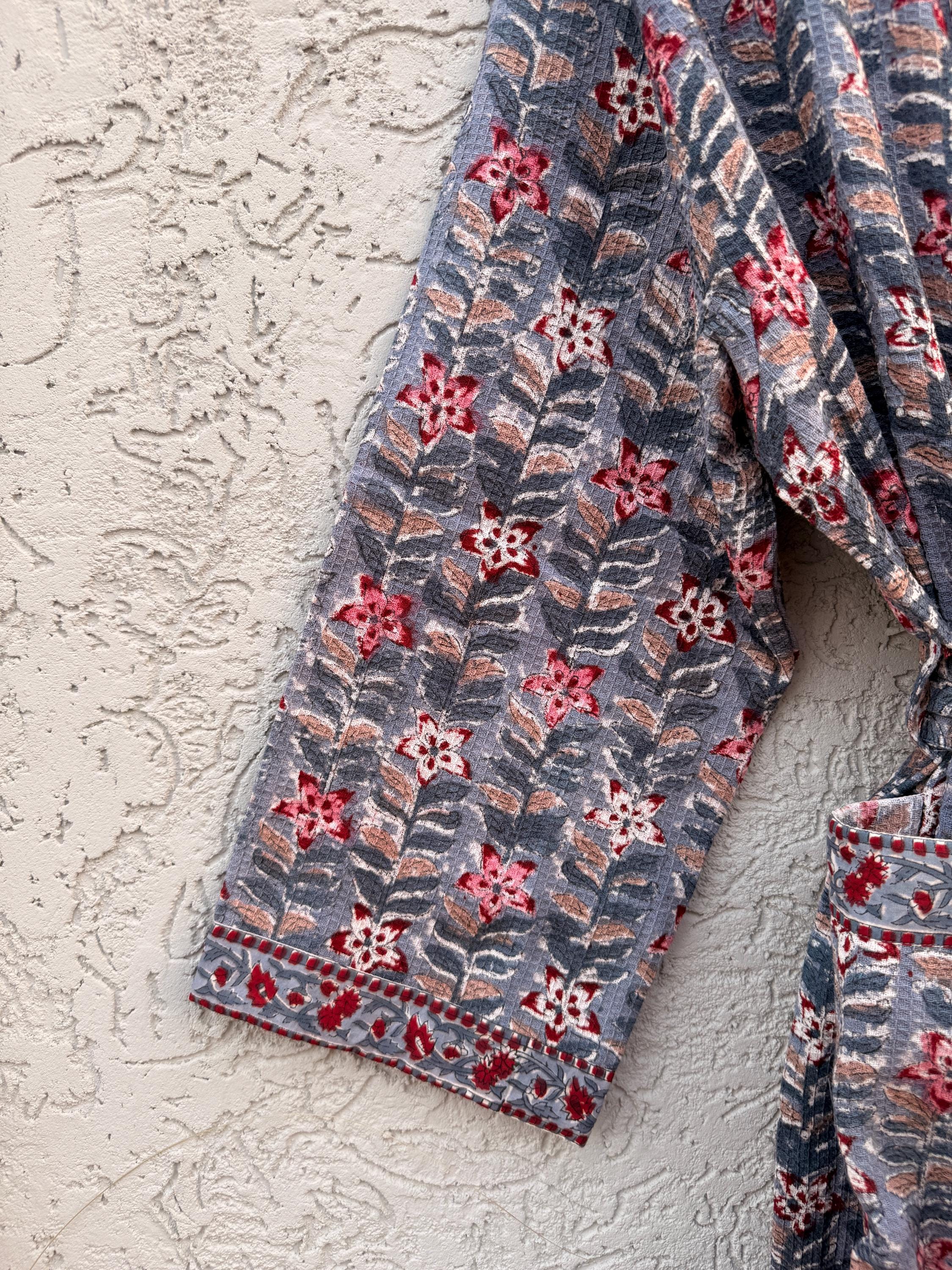 Handmade Block Print Waffle Cotton Bathrobe – Grey & Red Floral Jaipuri Robe – Lightweight Kimono Style Spa Robe – Women’s Lounge Wear Gift