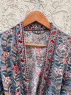 Handmade Block Print Waffle Cotton Bathrobe – Grey & Red Floral Jaipuri Robe – Lightweight Kimono Style Spa Robe – Women’s Lounge Wear Gift