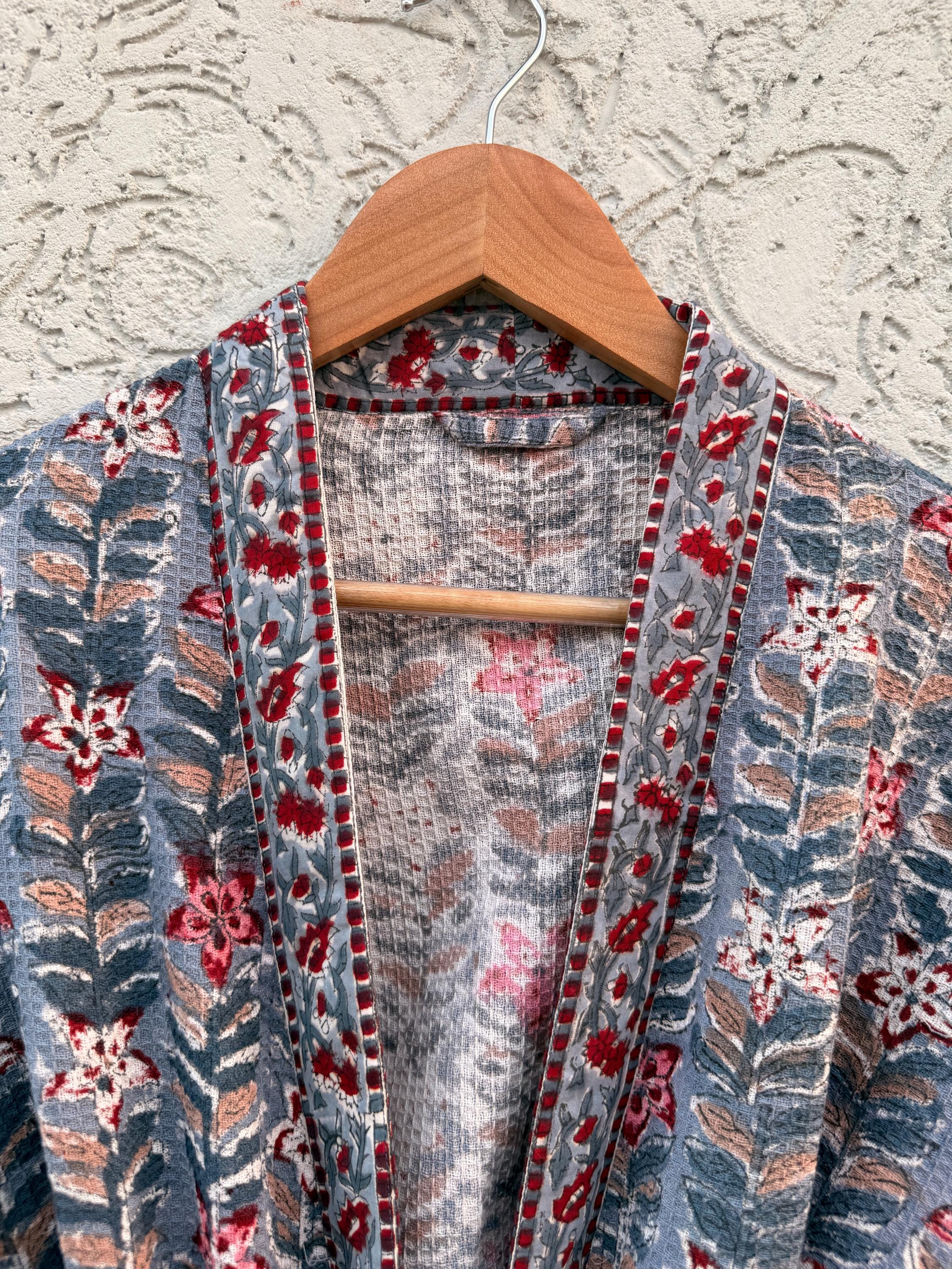 Handmade Block Print Waffle Cotton Bathrobe – Grey & Red Floral Jaipuri Robe – Lightweight Kimono Style Spa Robe – Women’s Lounge Wear Gift