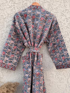 Handmade Block Print Waffle Cotton Bathrobe – Grey & Red Floral Jaipuri Robe – Lightweight Kimono Style Spa Robe – Women’s Lounge Wear Gift
