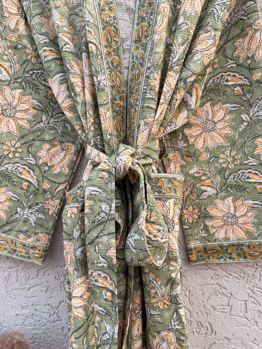 Green Floral Block Print Waffle Cotton Bathrobe – Handmade Jaipuri Kimono Robe – Lightweight Spa & Lounge Wear – Bridesmaid Gift for Women