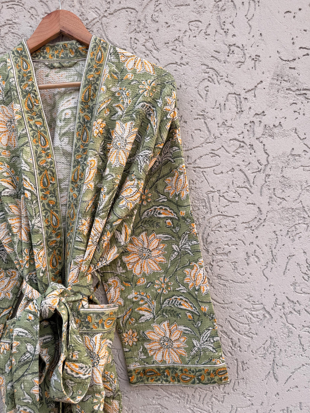 Green Floral Block Print Waffle Cotton Bathrobe – Handmade Jaipuri Kimono Robe – Lightweight Spa & Lounge Wear – Bridesmaid Gift for Women