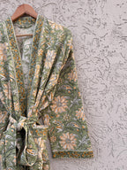 Green Floral Block Print Waffle Cotton Bathrobe – Handmade Jaipuri Kimono Robe – Lightweight Spa & Lounge Wear – Bridesmaid Gift for Women