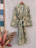 Green Floral Block Print Waffle Cotton Bathrobe – Handmade Jaipuri Kimono Robe – Lightweight Spa & Lounge Wear – Bridesmaid Gift for Women