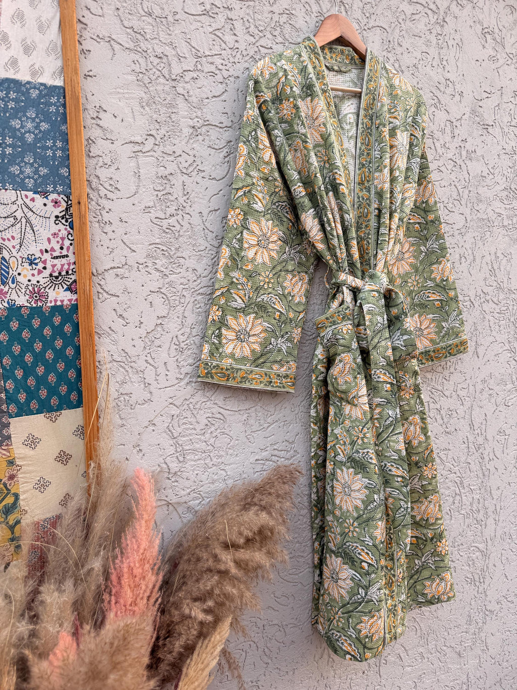 Green Floral Block Print Waffle Cotton Bathrobe – Handmade Jaipuri Kimono Robe – Lightweight Spa & Lounge Wear – Bridesmaid Gift for Women