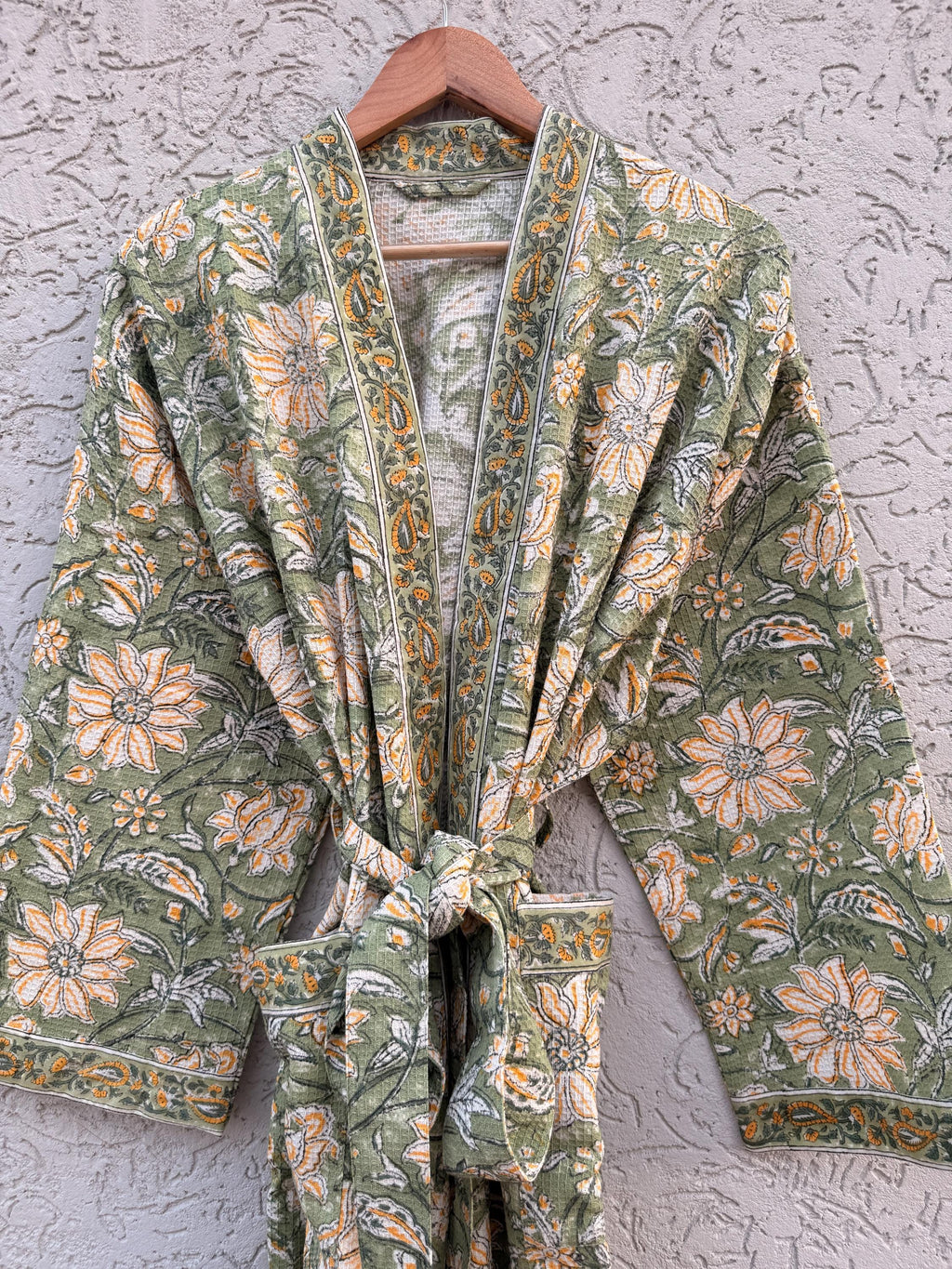Green Floral Block Print Waffle Cotton Bathrobe – Handmade Jaipuri Kimono Robe – Lightweight Spa & Lounge Wear – Bridesmaid Gift for Women