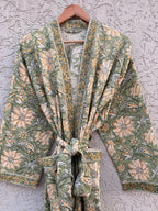 Green Floral Block Print Waffle Cotton Bathrobe – Handmade Jaipuri Kimono Robe – Lightweight Spa & Lounge Wear – Bridesmaid Gift for Women