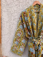 Mustard Yellow Block Print Waffle Cotton Bathrobe – Handmade Jaipuri Floral Kimono Robe – Lightweight Spa Lounge Wear – Bridesmaid Gift