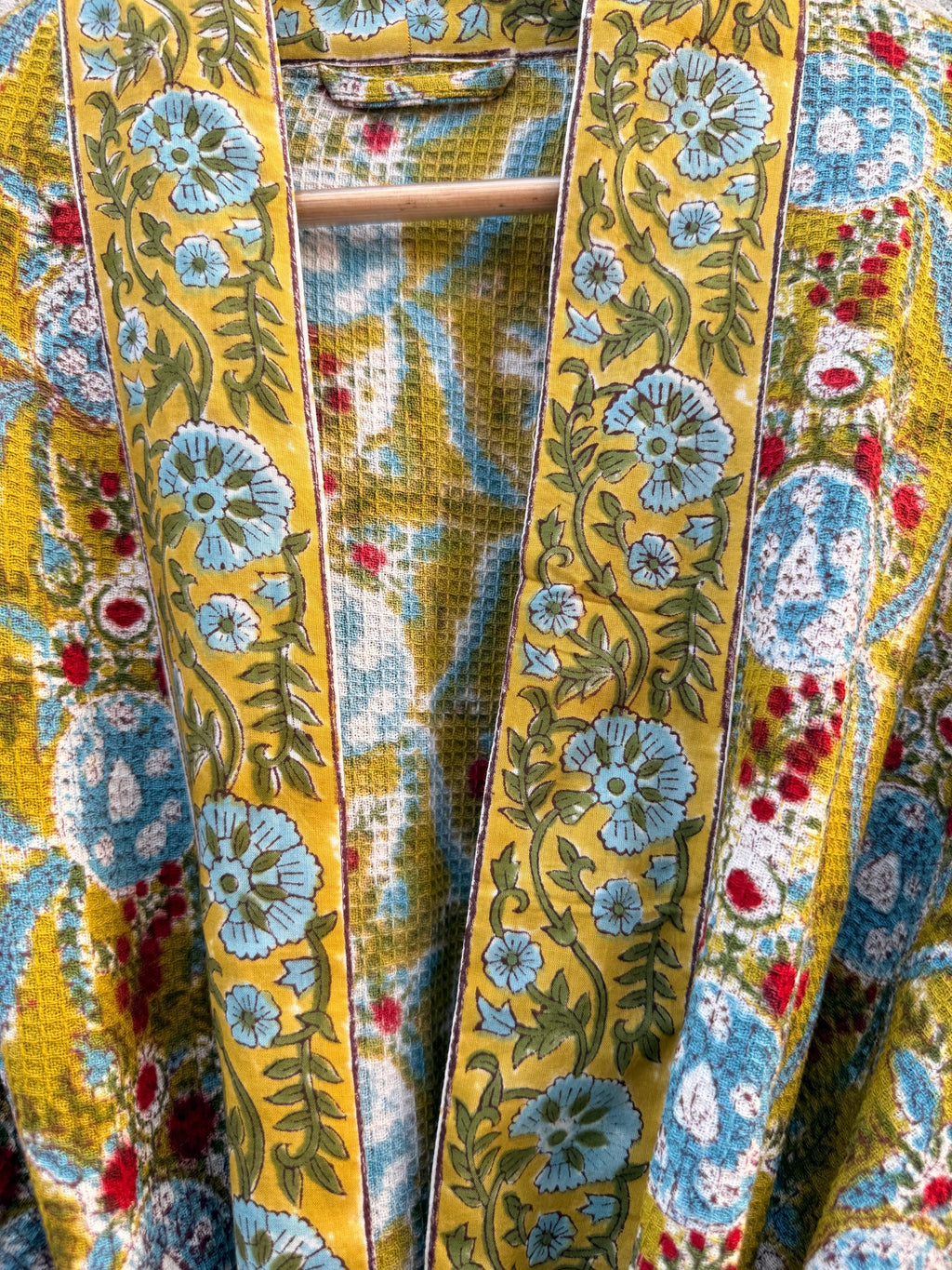 Mustard Yellow Block Print Waffle Cotton Bathrobe – Handmade Jaipuri Floral Kimono Robe – Lightweight Spa Lounge Wear – Bridesmaid Gift