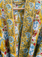 Mustard Yellow Block Print Waffle Cotton Bathrobe – Handmade Jaipuri Floral Kimono Robe – Lightweight Spa Lounge Wear – Bridesmaid Gift