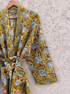 Mustard Yellow Block Print Waffle Cotton Bathrobe – Handmade Jaipuri Floral Kimono Robe – Lightweight Spa Lounge Wear – Bridesmaid Gift