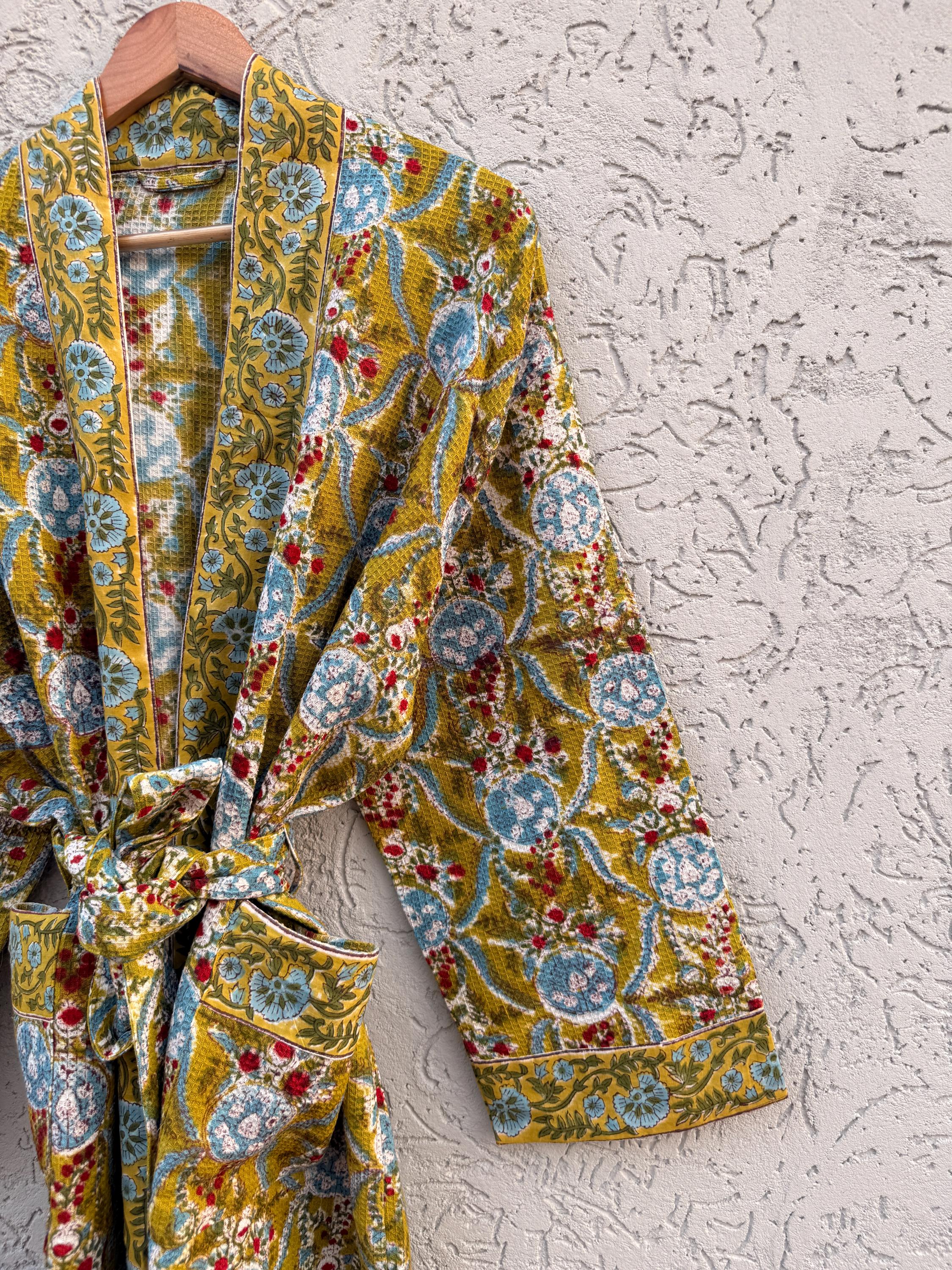 Mustard Yellow Block Print Waffle Cotton Bathrobe – Handmade Jaipuri Floral Kimono Robe – Lightweight Spa Lounge Wear – Bridesmaid Gift