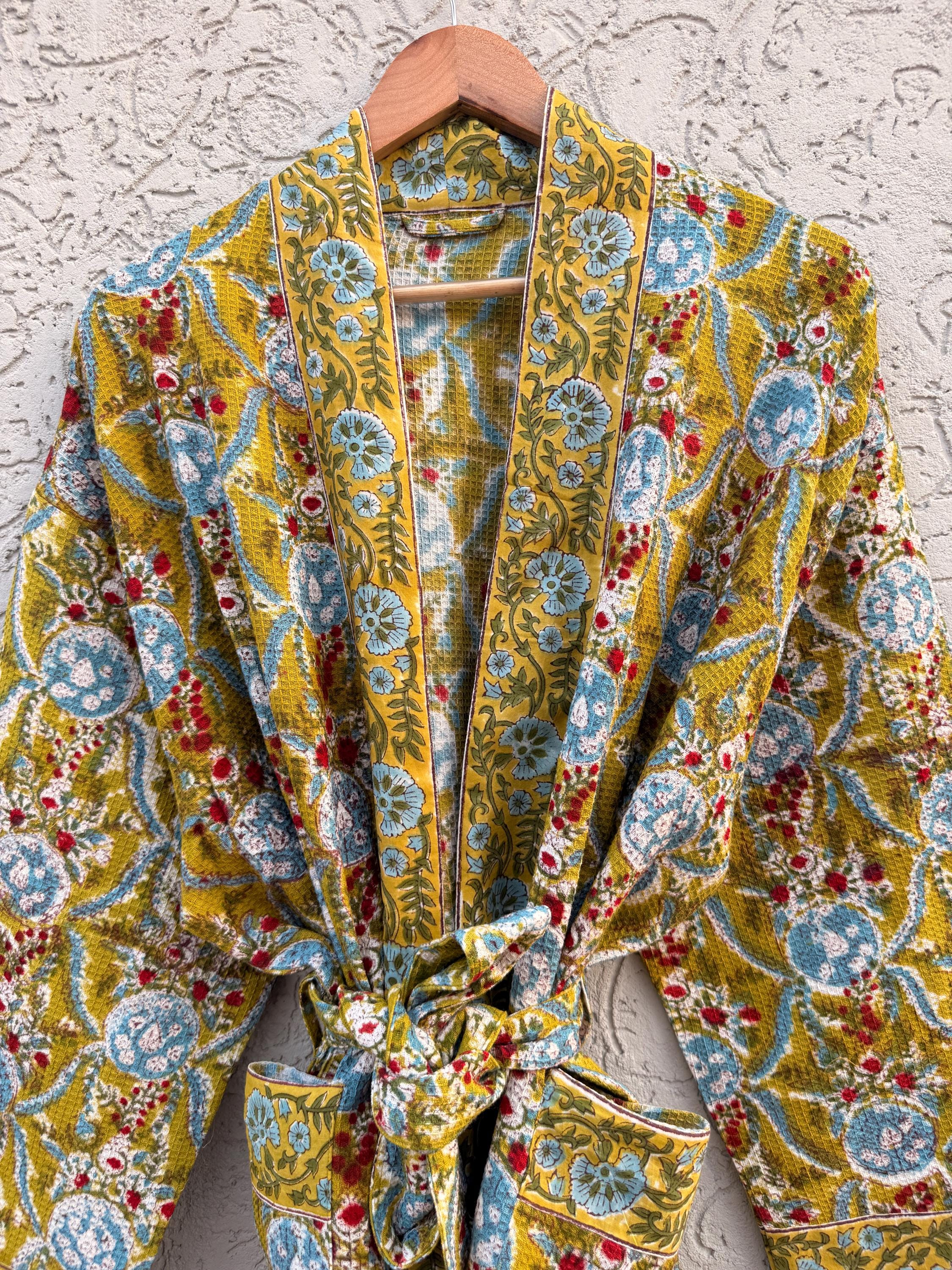Mustard Yellow Block Print Waffle Cotton Bathrobe – Handmade Jaipuri Floral Kimono Robe – Lightweight Spa Lounge Wear – Bridesmaid Gift