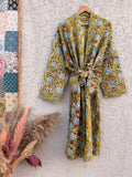 Mustard Yellow Block Print Waffle Cotton Bathrobe – Handmade Jaipuri Floral Kimono Robe – Lightweight Spa Lounge Wear – Bridesmaid Gift