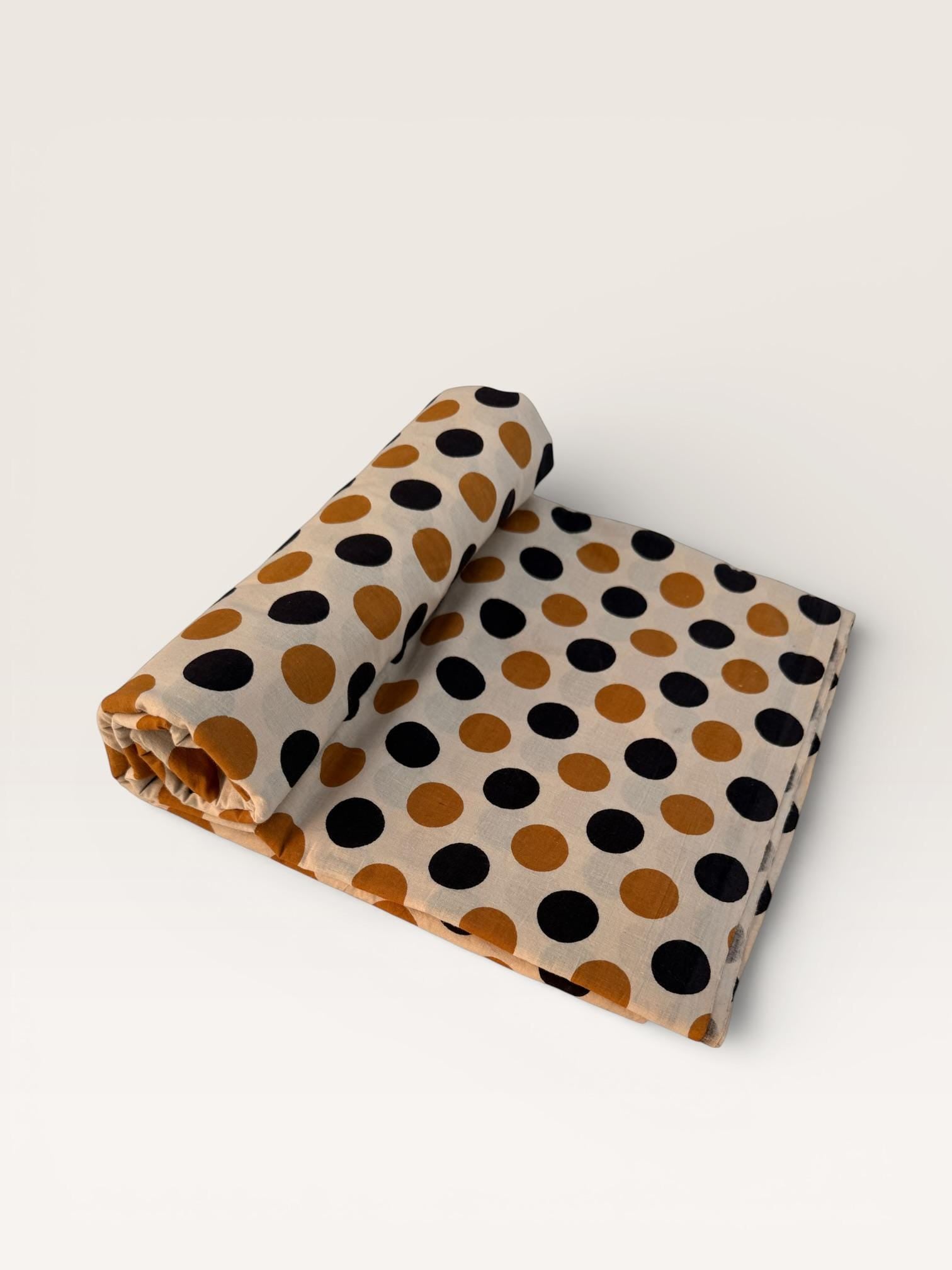 Bagru Hand Block Print Cotton Fabric – Natural Dye Polka Dot Print on Off White Base – Mustard & Black Dots