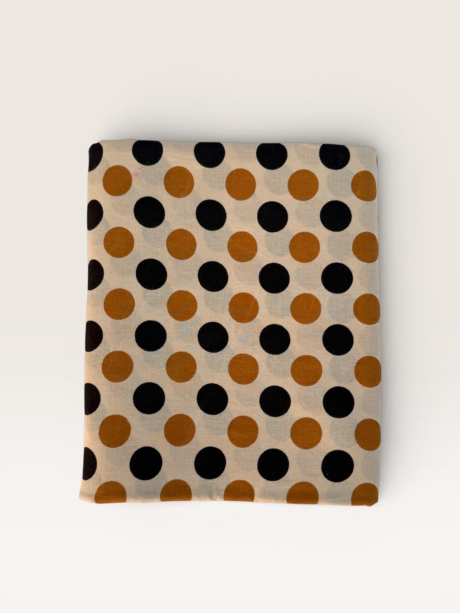 Bagru Hand Block Print Cotton Fabric – Natural Dye Polka Dot Print on Off White Base – Mustard & Black Dots