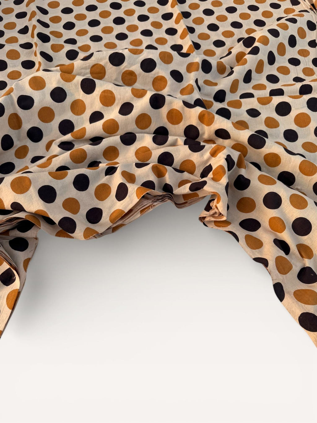 Bagru Hand Block Print Cotton Fabric – Natural Dye Polka Dot Print on Off White Base – Mustard & Black Dots