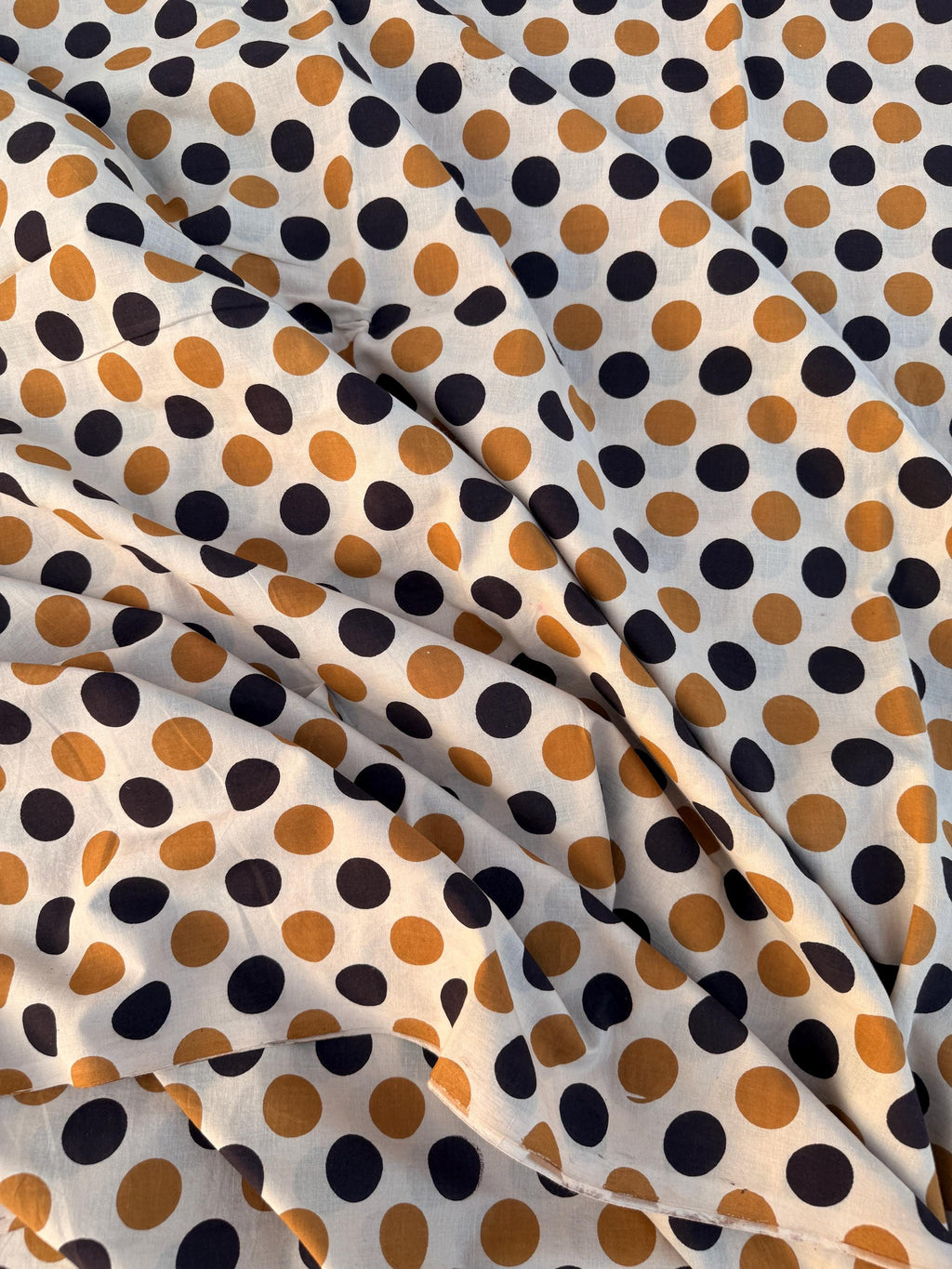 Bagru Hand Block Print Cotton Fabric – Natural Dye Polka Dot Print on Off White Base – Mustard & Black Dots