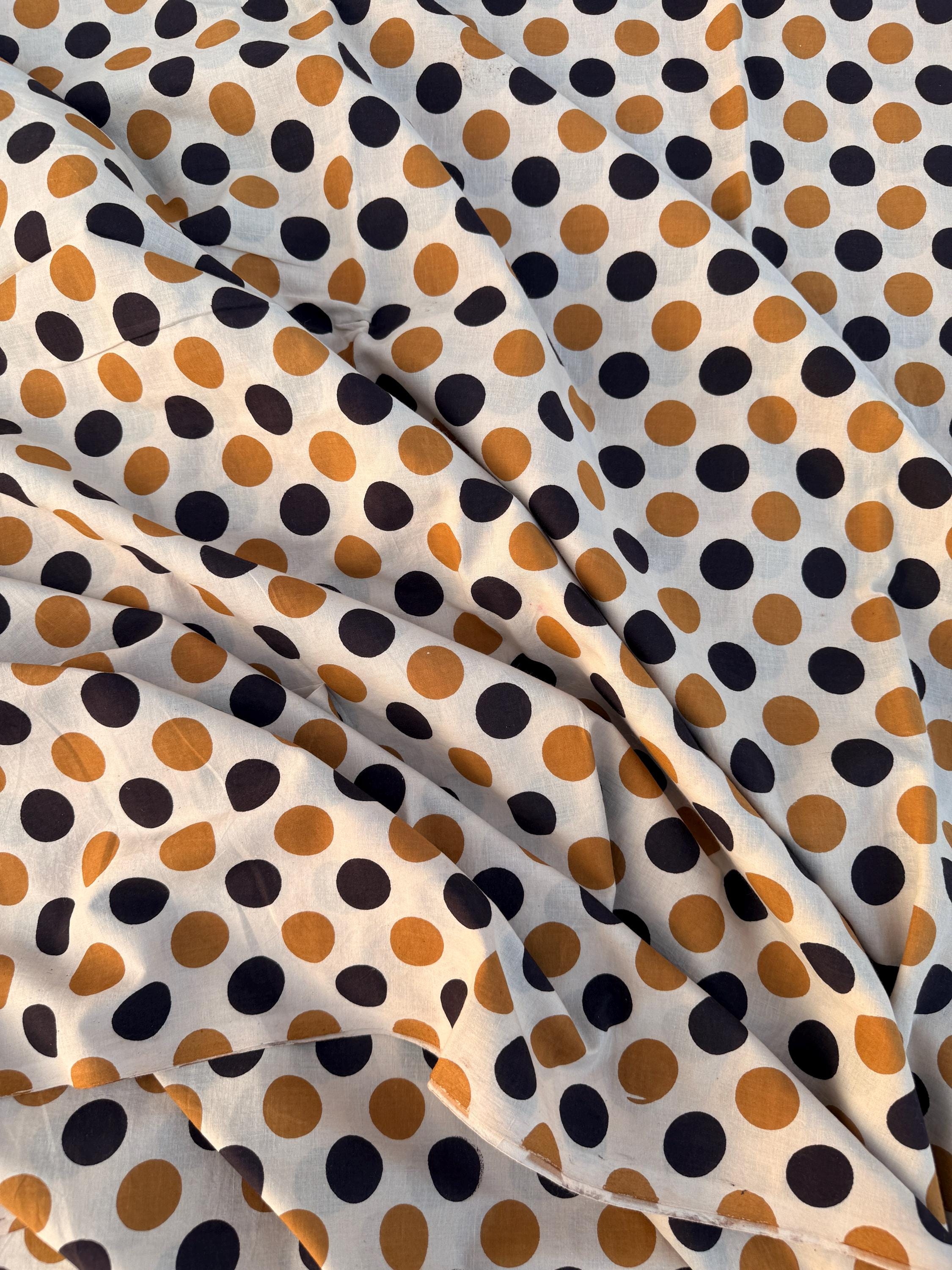 Bagru Hand Block Print Cotton Fabric – Natural Dye Polka Dot Print on Off White Base – Mustard & Black Dots