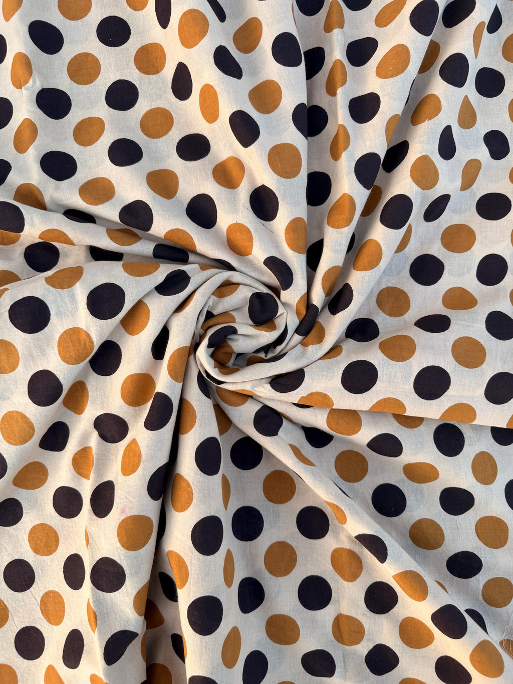 Bagru Hand Block Print Cotton Fabric – Natural Dye Polka Dot Print on Off White Base – Mustard & Black Dots