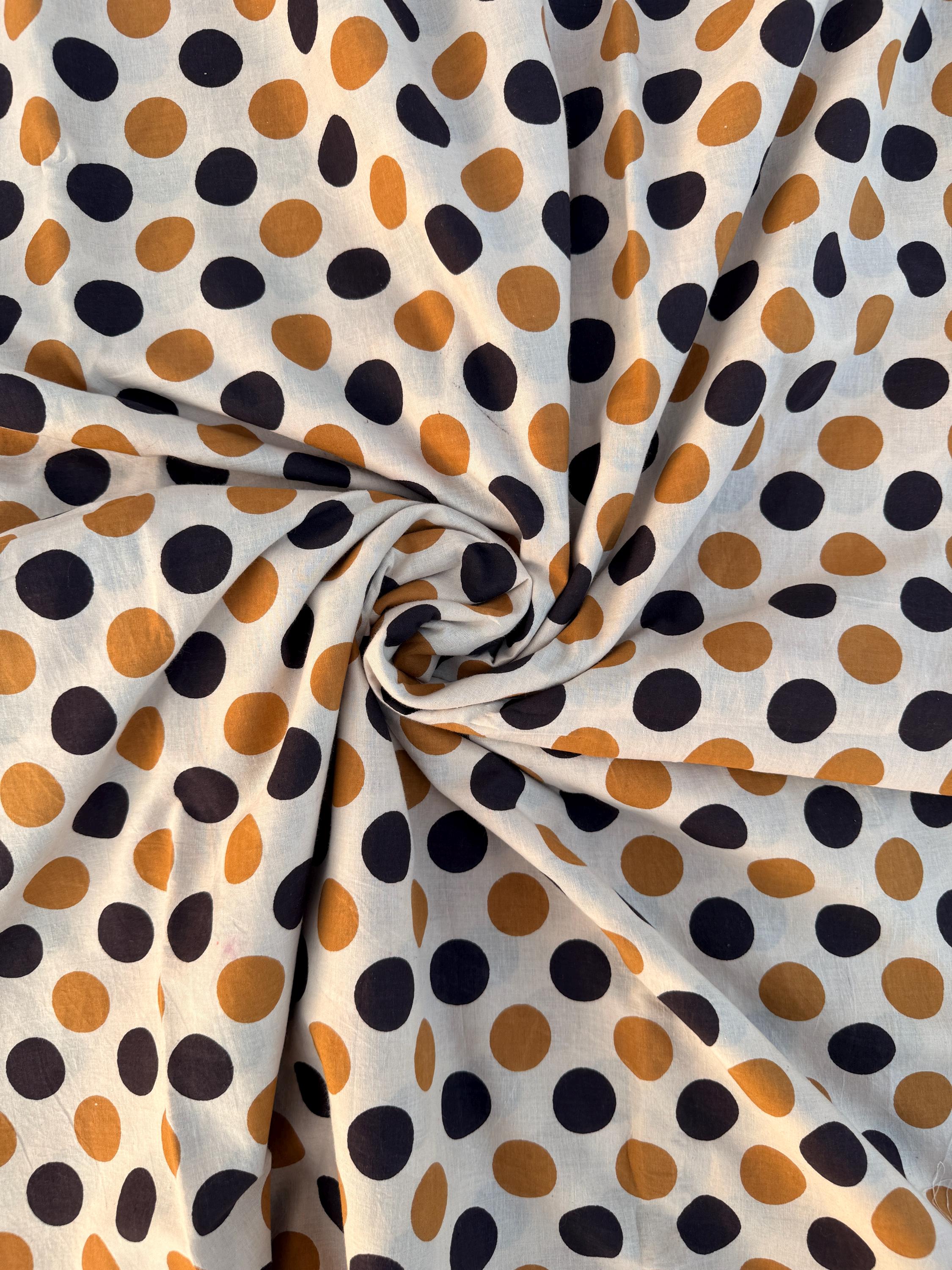 Bagru Hand Block Print Cotton Fabric – Natural Dye Polka Dot Print on Off White Base – Mustard & Black Dots