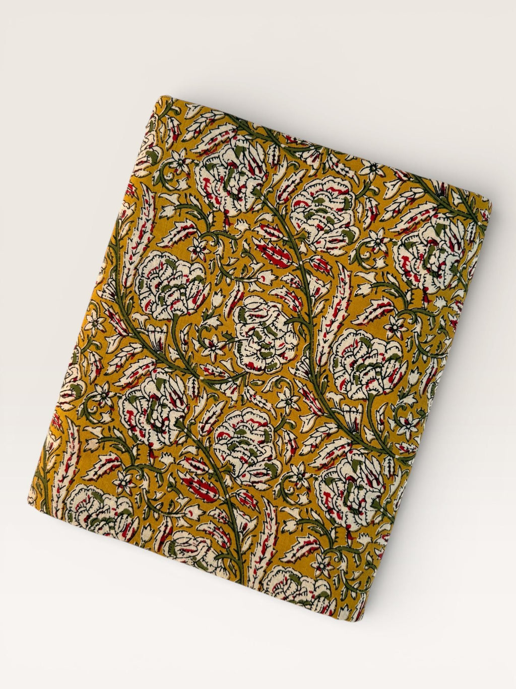Bagru Hand Block Print Cotton Fabric – Natural Vegetable Dyed Mustard Floral Print – Traditional Bagru Style Fabric by Yard