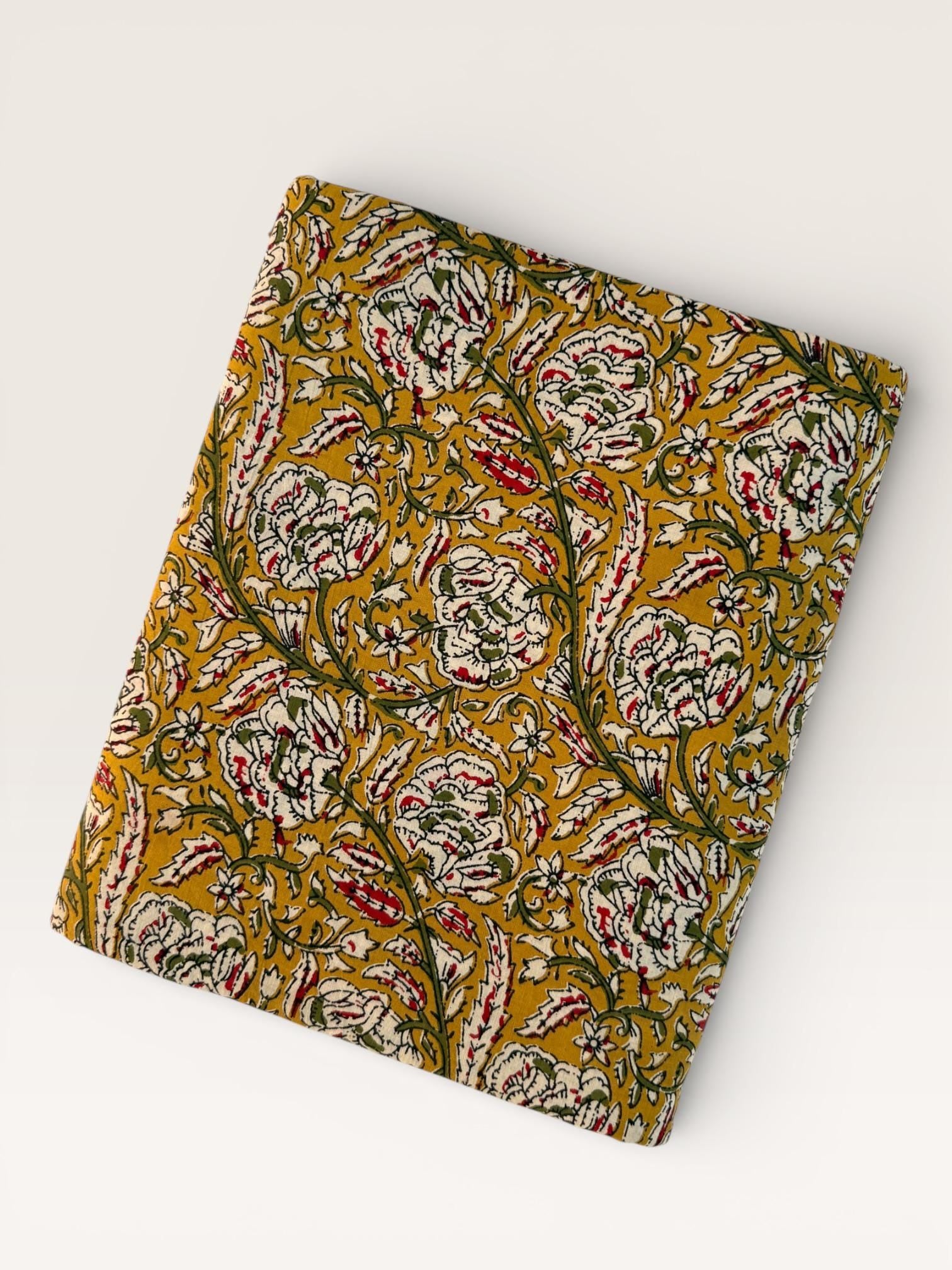 Bagru Hand Block Print Cotton Fabric – Natural Vegetable Dyed Mustard Floral Print – Traditional Bagru Style Fabric by Yard