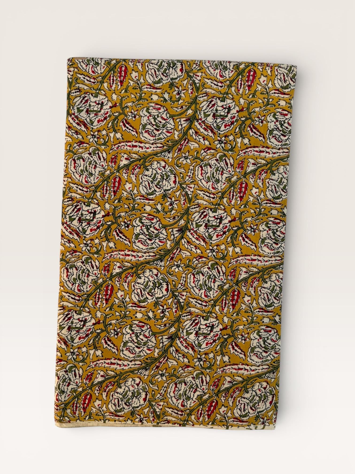 Bagru Hand Block Print Cotton Fabric – Natural Vegetable Dyed Mustard Floral Print – Traditional Bagru Style Fabric by Yard