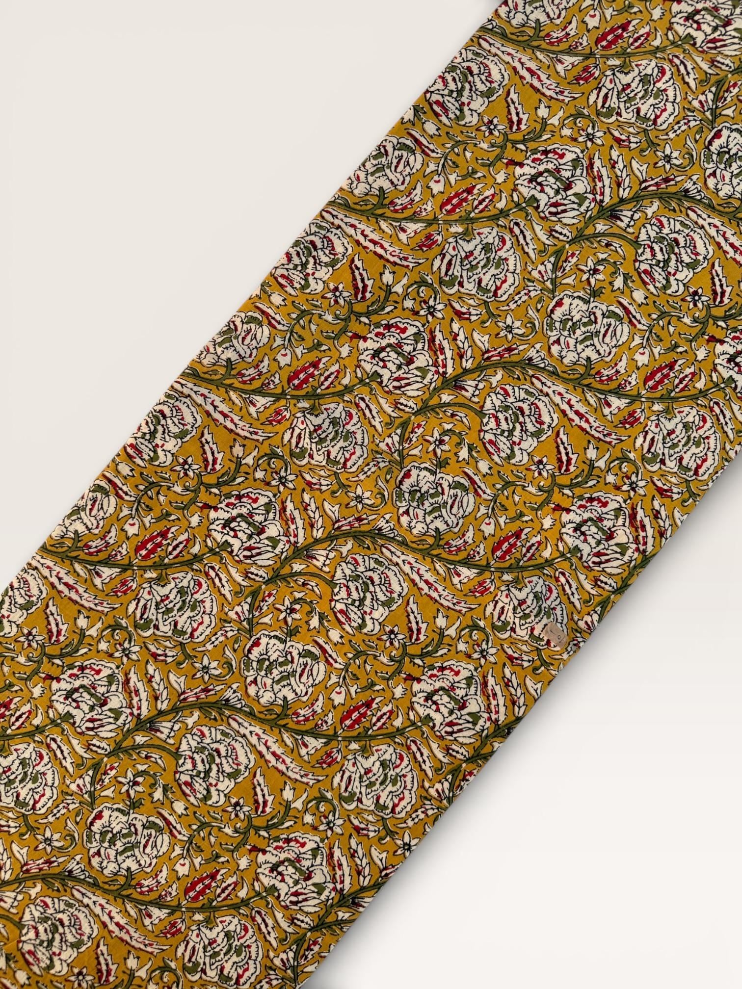 Bagru Hand Block Print Cotton Fabric – Natural Vegetable Dyed Mustard Floral Print – Traditional Bagru Style Fabric by Yard