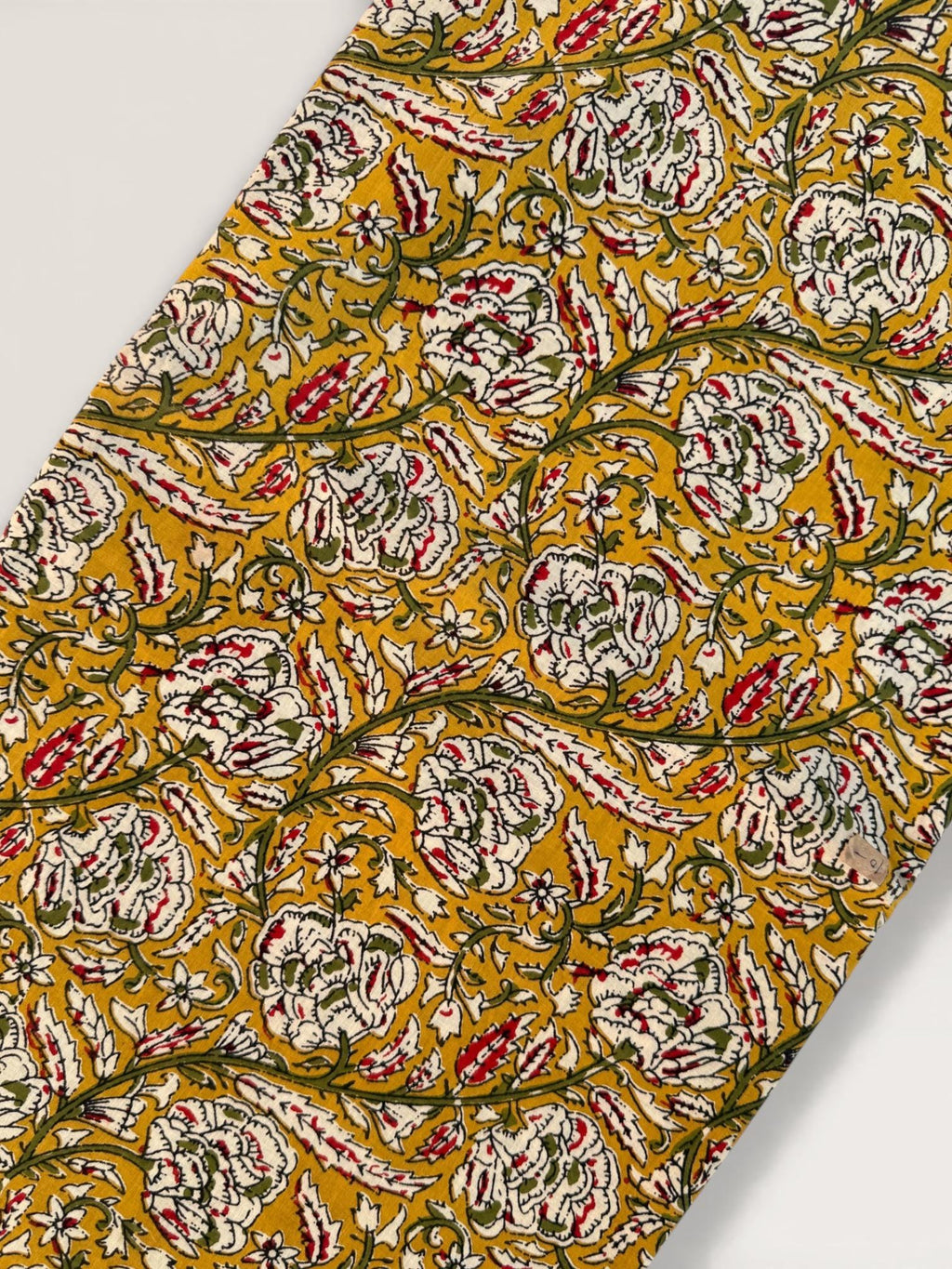 Bagru Hand Block Print Cotton Fabric – Natural Vegetable Dyed Mustard Floral Print – Traditional Bagru Style Fabric by Yard