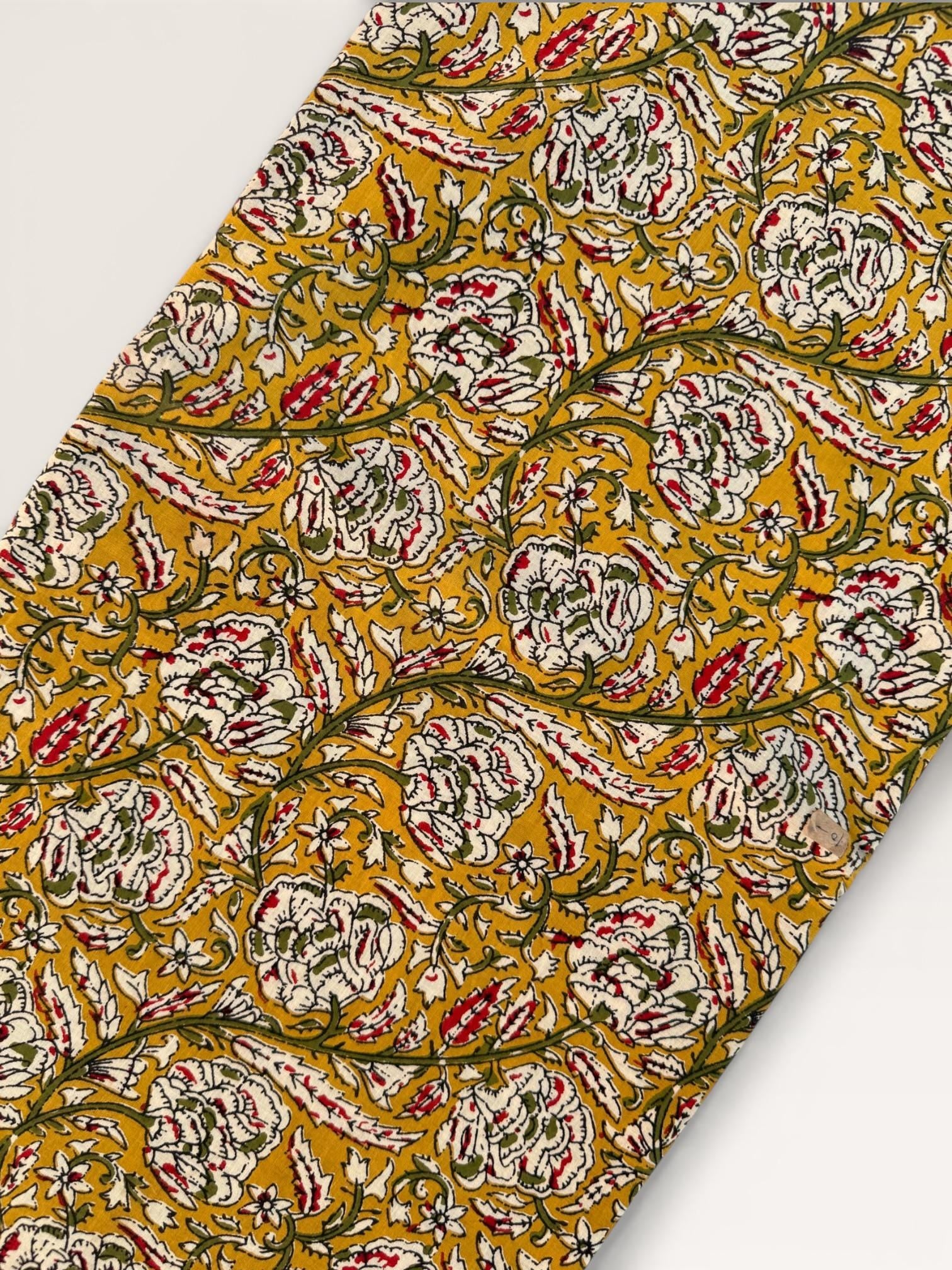 Bagru Hand Block Print Cotton Fabric – Natural Vegetable Dyed Mustard Floral Print – Traditional Bagru Style Fabric by Yard