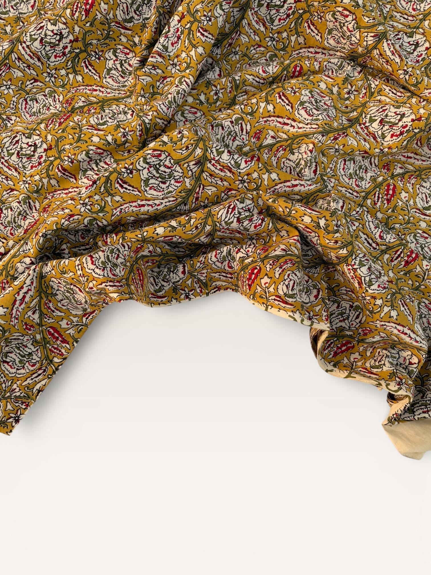 Bagru Hand Block Print Cotton Fabric – Natural Vegetable Dyed Mustard Floral Print – Traditional Bagru Style Fabric by Yard