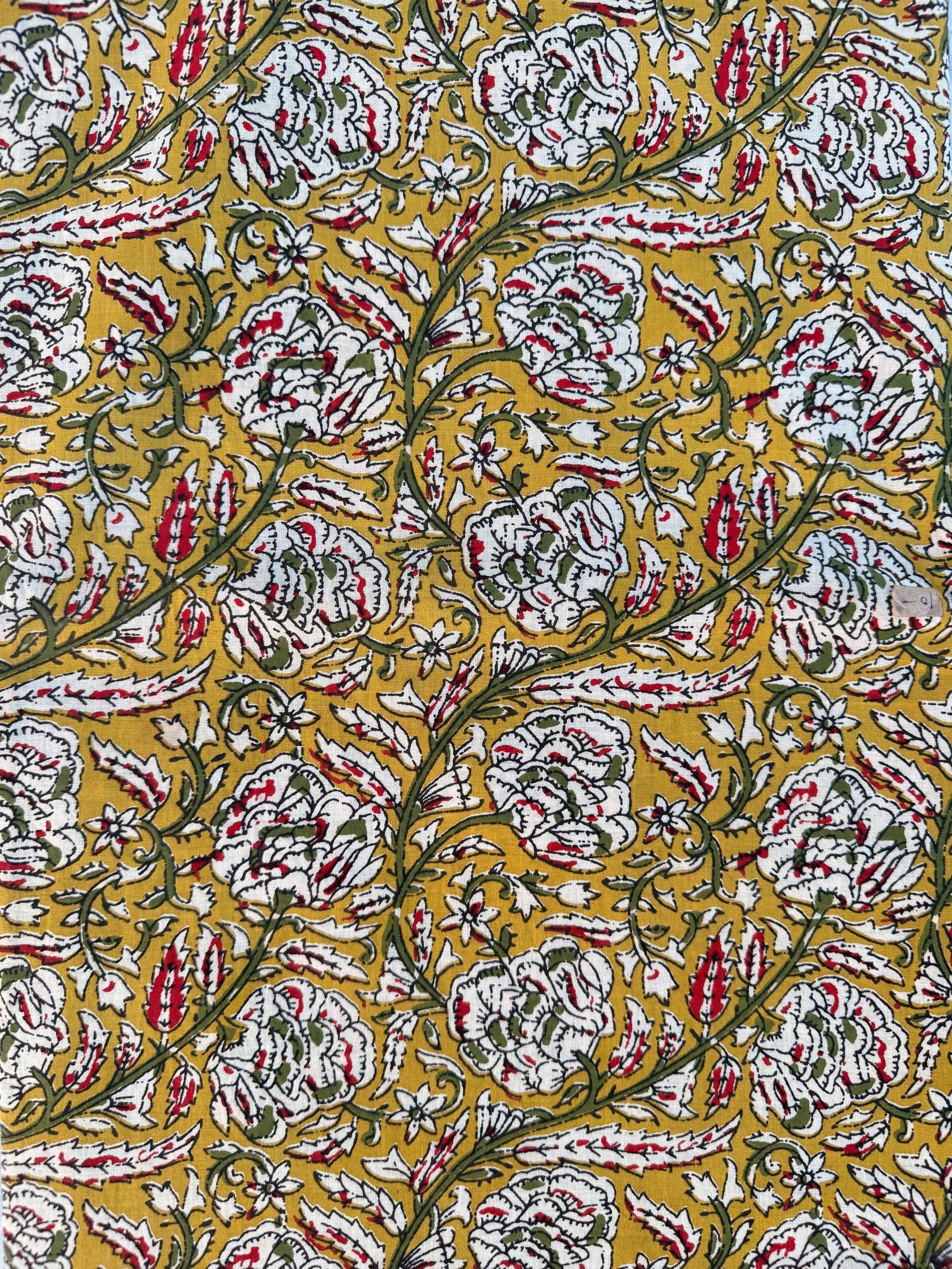 Bagru Hand Block Print Cotton Fabric – Natural Vegetable Dyed Mustard Floral Print – Traditional Bagru Style Fabric by Yard