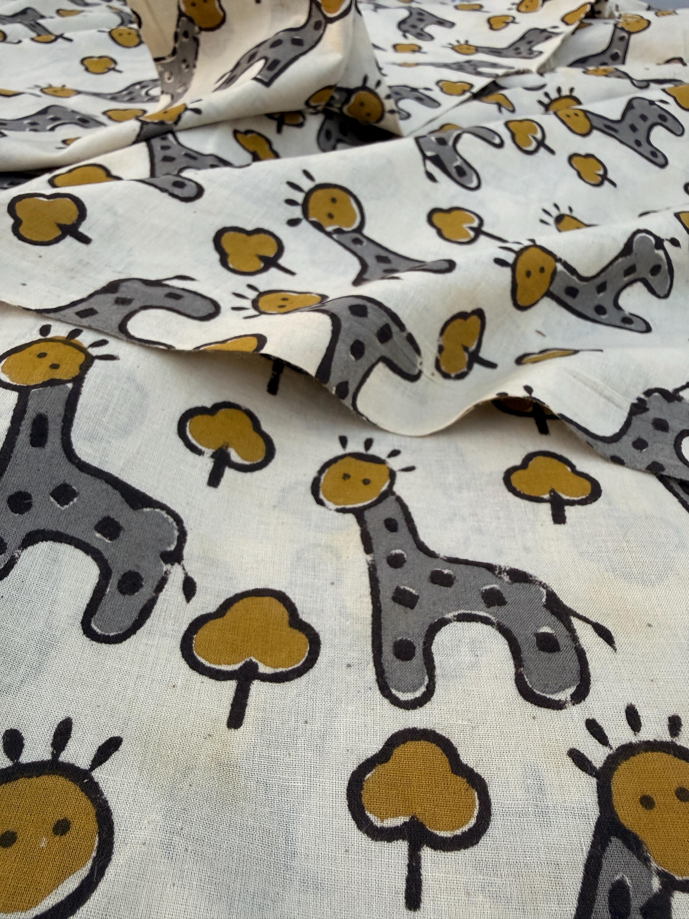 Bagru Hand Block Print Cotton Fabric – Natural Dye Cute Giraffe Print – Kids Animal Print Fabric – Vegetable Dyed Indian Cotton by Yard