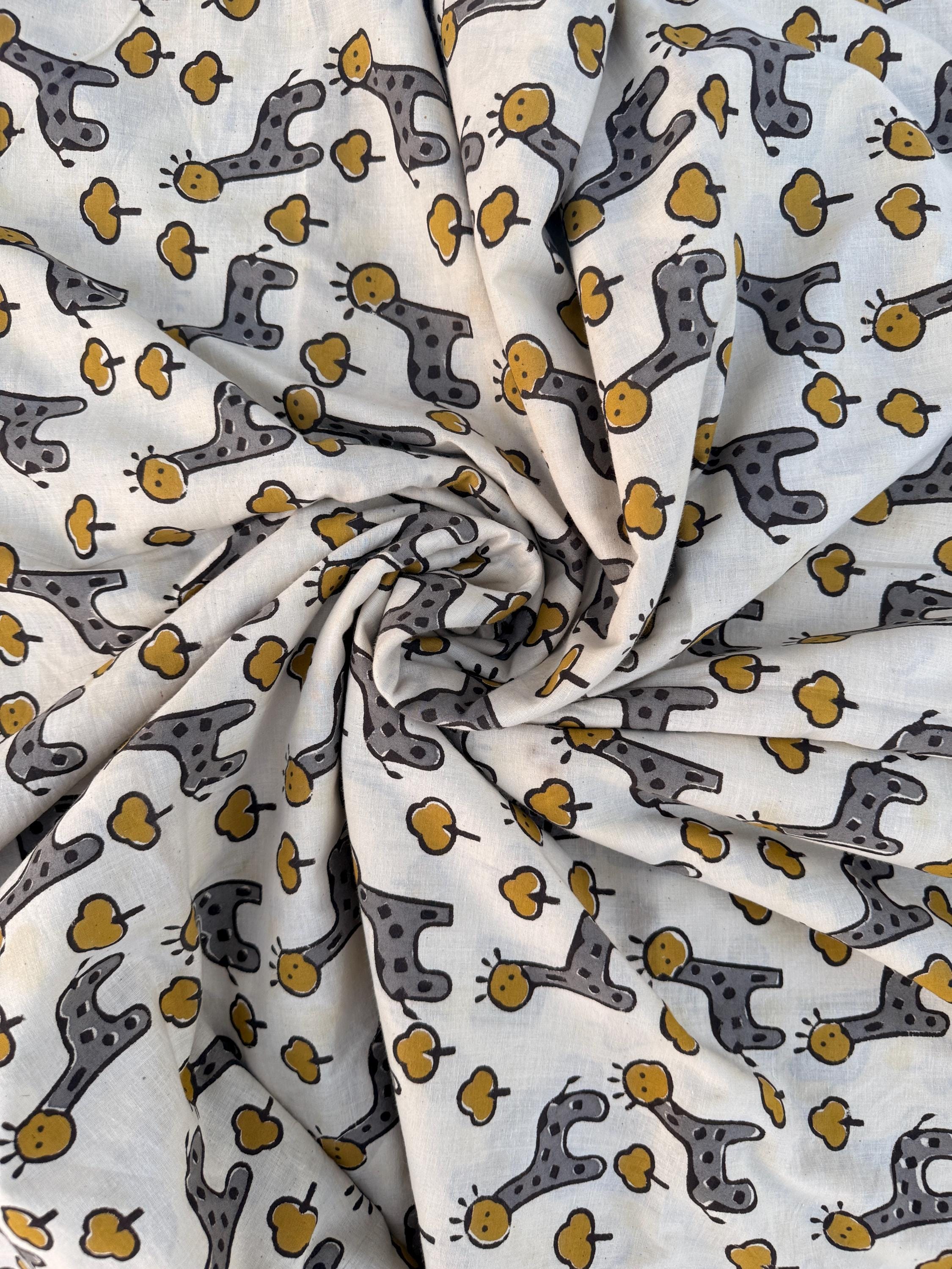 Bagru Hand Block Print Cotton Fabric – Natural Dye Cute Giraffe Print – Kids Animal Print Fabric – Vegetable Dyed Indian Cotton by Yard