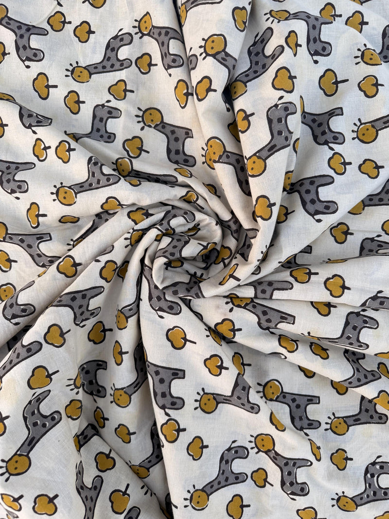 Bagru Hand Block Print Cotton Fabric – Natural Dye Cute Giraffe Print – Kids Animal Print Fabric – Vegetable Dyed Indian Cotton by Yard