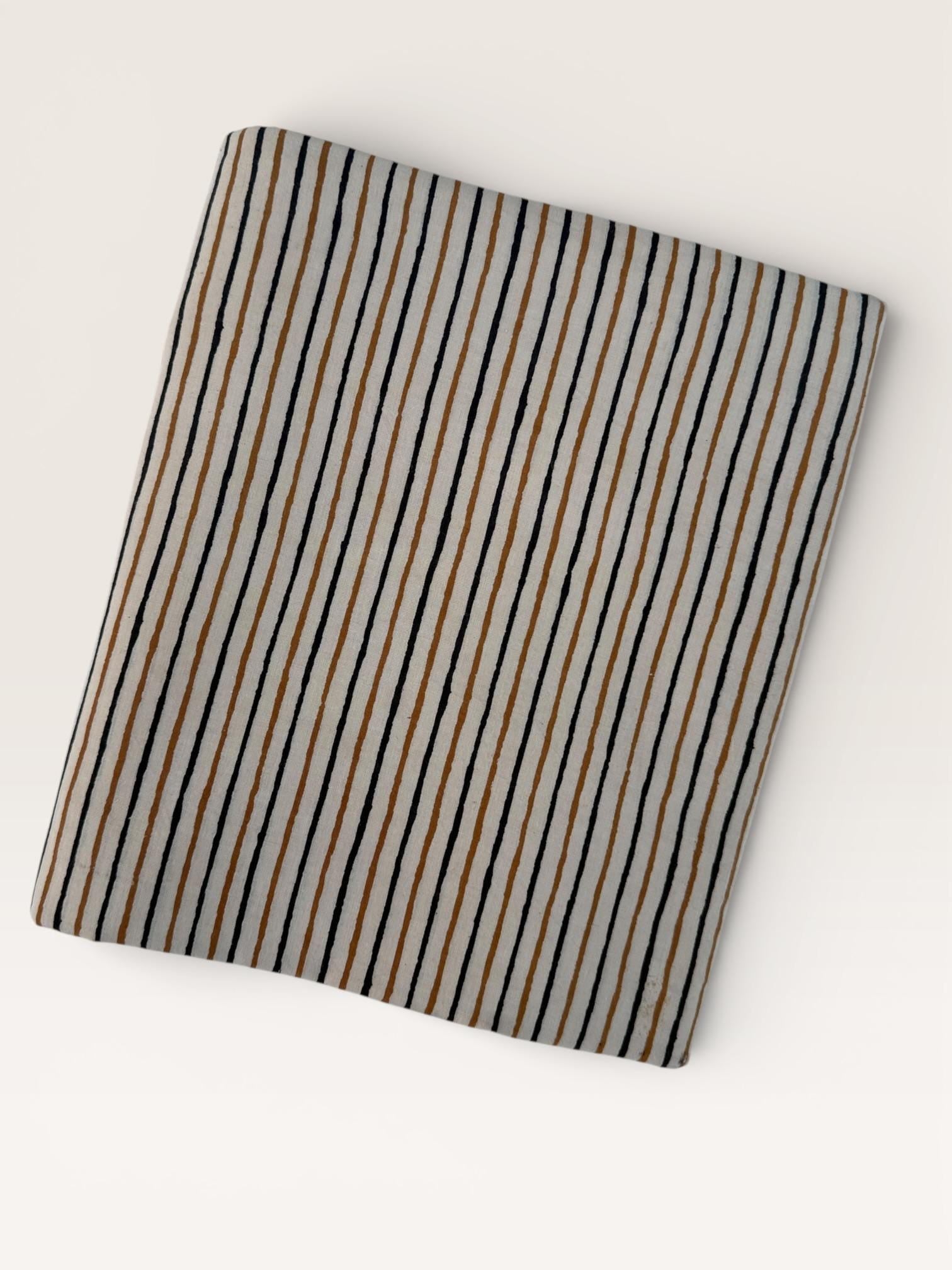 Bagru Hand Block Print Stripe Cotton Fabric – Natural Dye Mustard & Black Stripes – Minimalist Vegetable Dyed Fabric by Yard