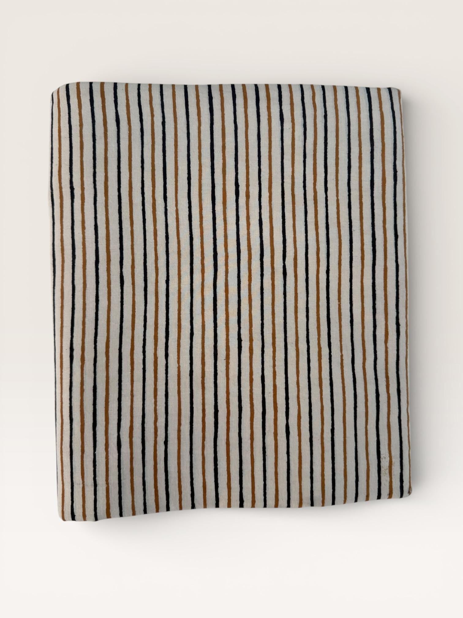 Bagru Hand Block Print Stripe Cotton Fabric – Natural Dye Mustard & Black Stripes – Minimalist Vegetable Dyed Fabric by Yard