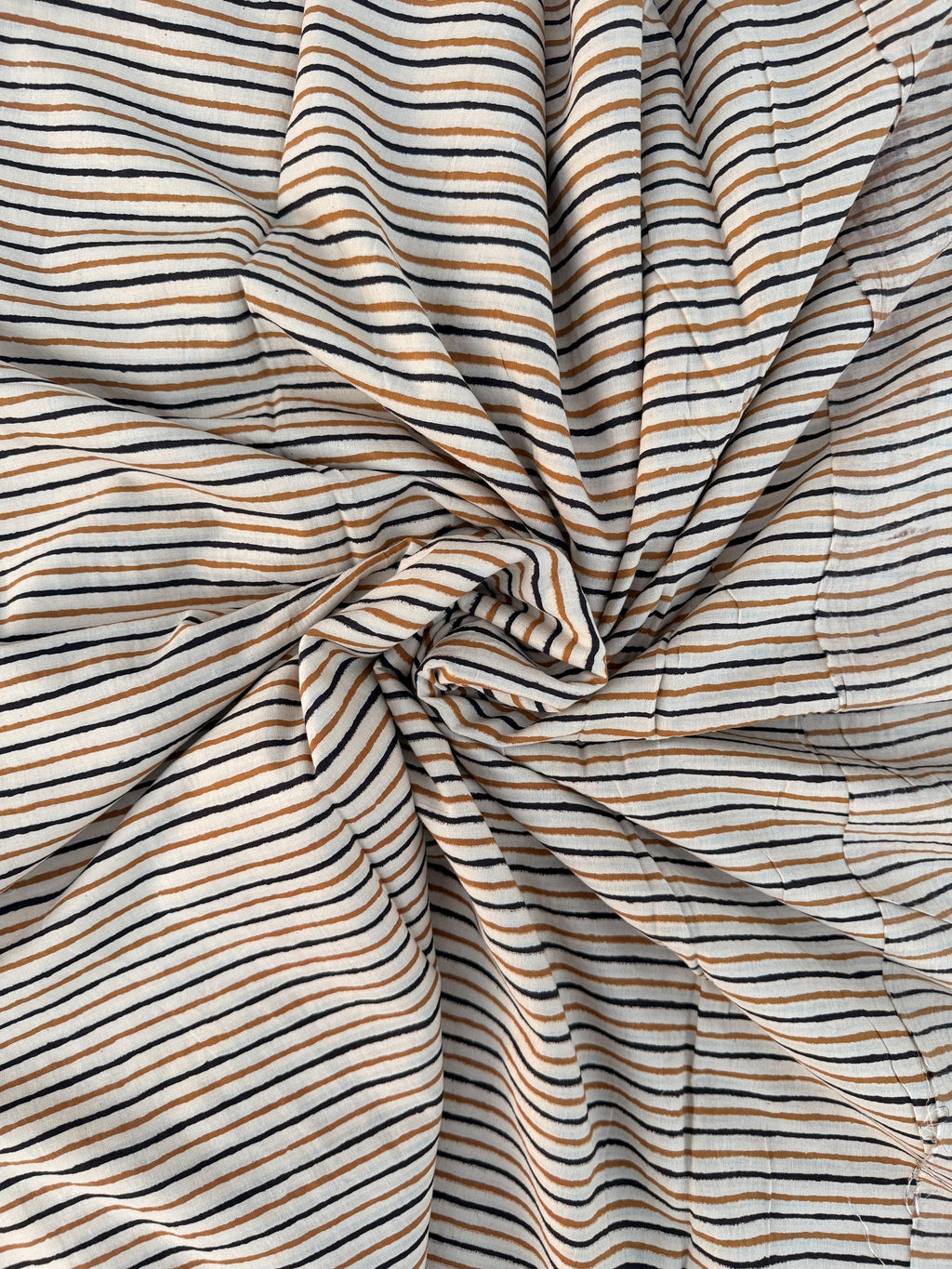 Bagru Hand Block Print Stripe Cotton Fabric – Natural Dye Mustard & Black Stripes – Minimalist Vegetable Dyed Fabric by Yard