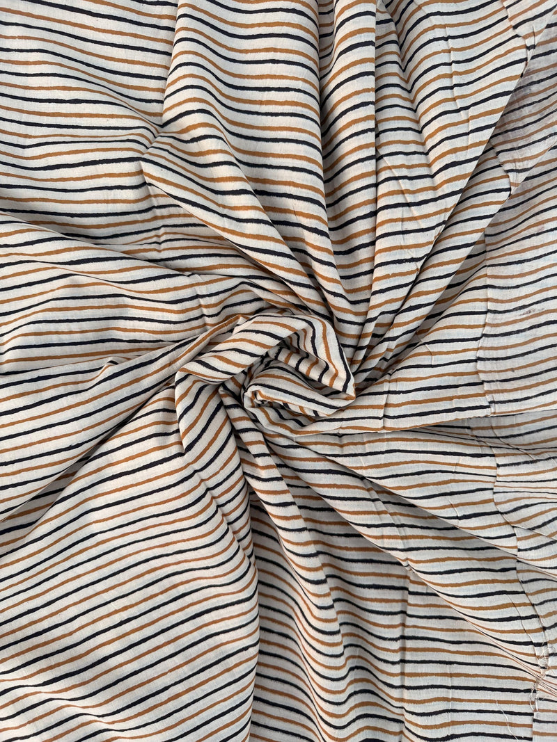 Bagru Hand Block Print Stripe Cotton Fabric – Natural Dye Mustard & Black Stripes – Minimalist Vegetable Dyed Fabric by Yard