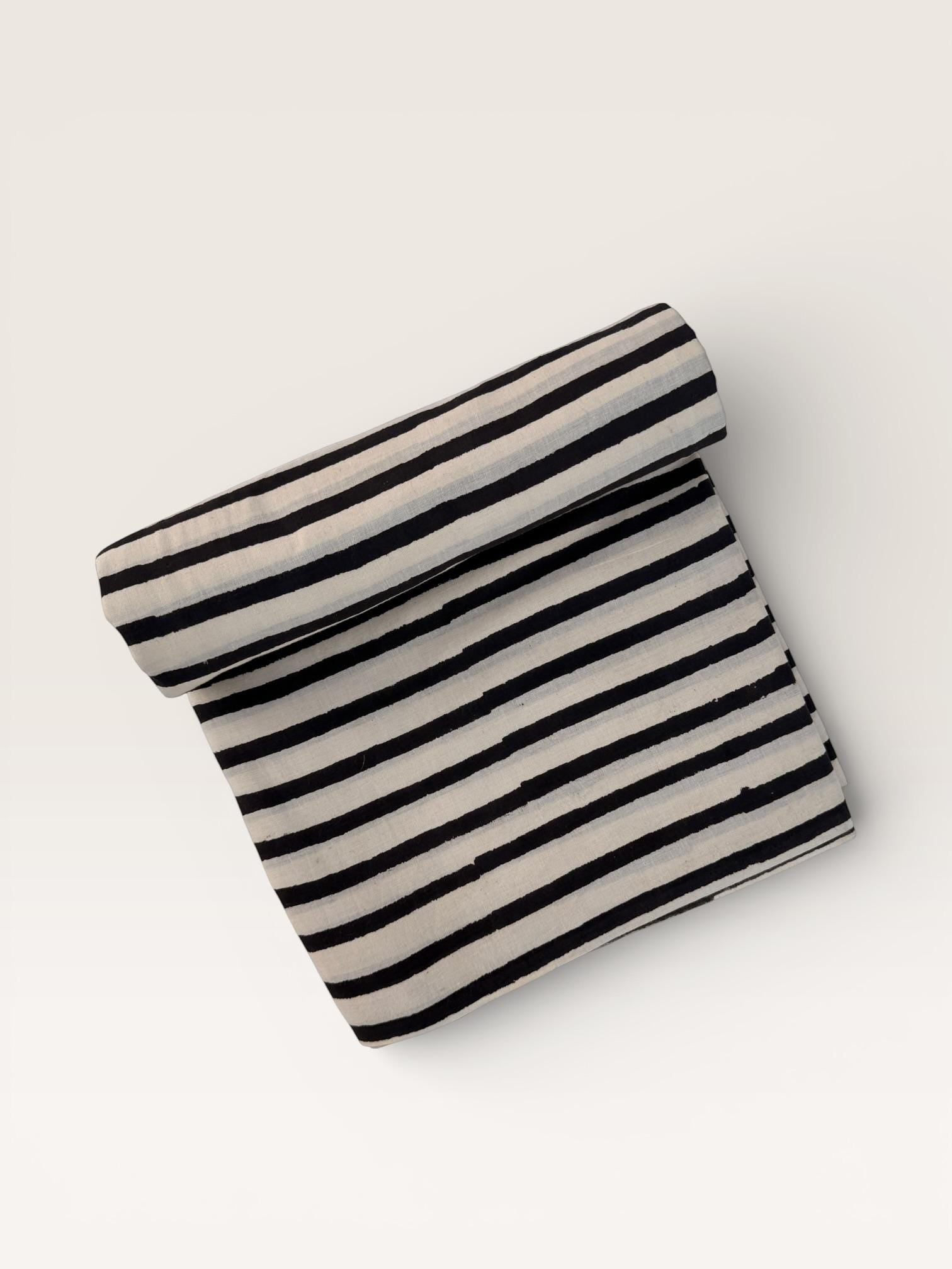 Bagru Hand Block Print Stripe Cotton Fabric – Natural Dye Off White base & Black Stripes – Minimalist Vegetable Dyed Fabric by Yard