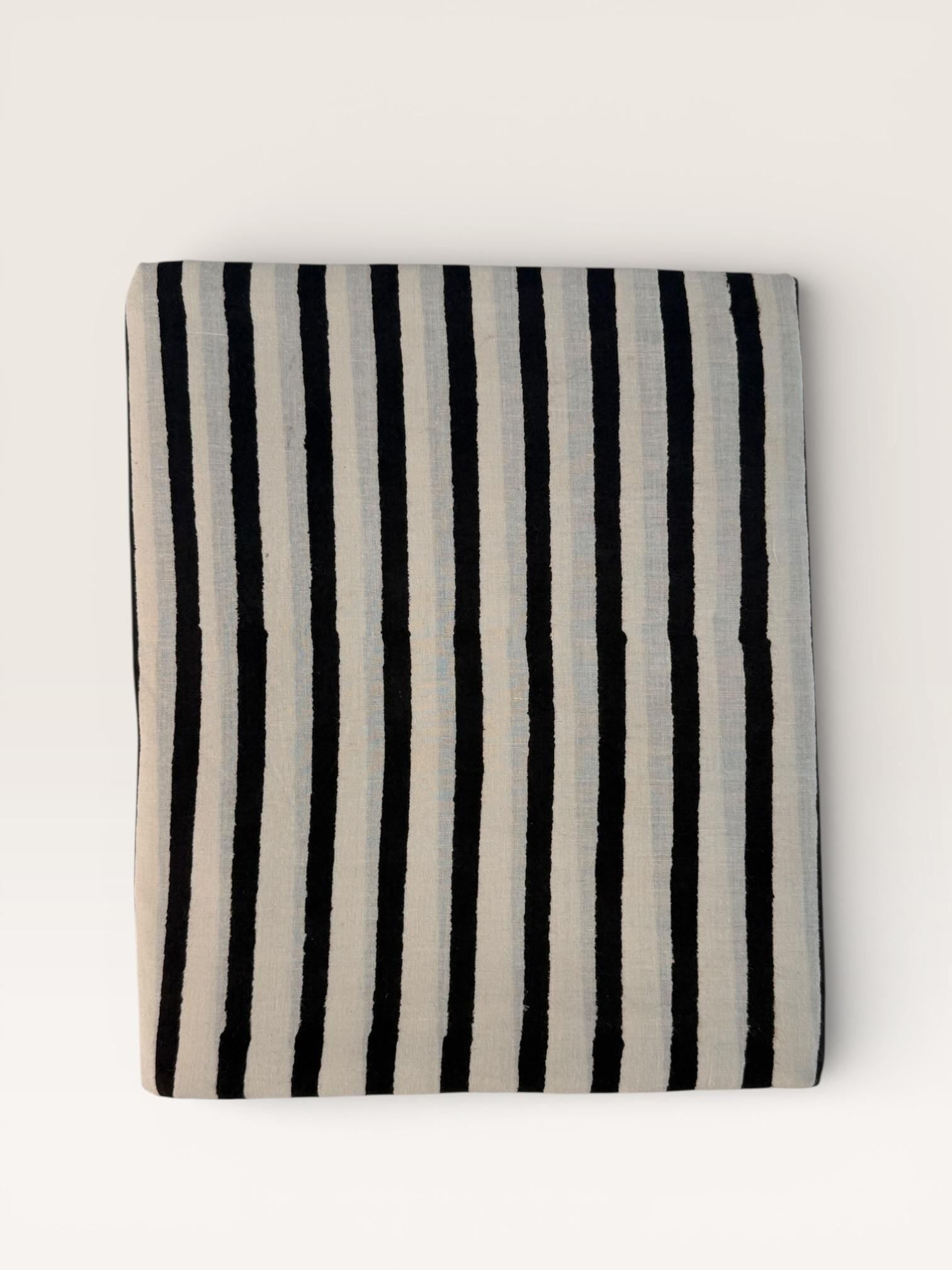 Bagru Hand Block Print Stripe Cotton Fabric – Natural Dye Off White base & Black Stripes – Minimalist Vegetable Dyed Fabric by Yard