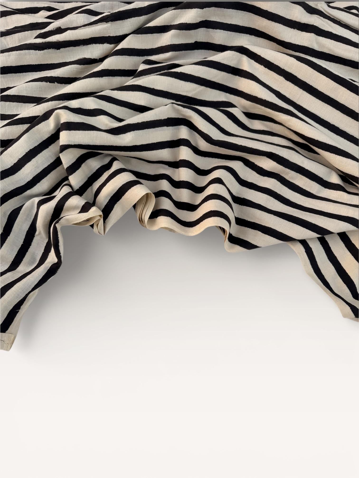 Bagru Hand Block Print Stripe Cotton Fabric – Natural Dye Off White base & Black Stripes – Minimalist Vegetable Dyed Fabric by Yard