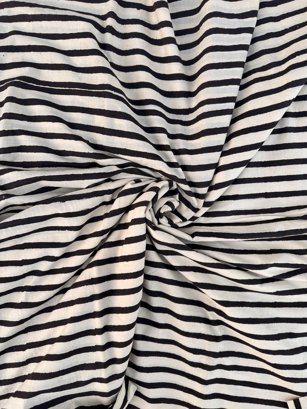 Bagru Hand Block Print Stripe Cotton Fabric – Natural Dye Off White base & Black Stripes – Minimalist Vegetable Dyed Fabric by Yard